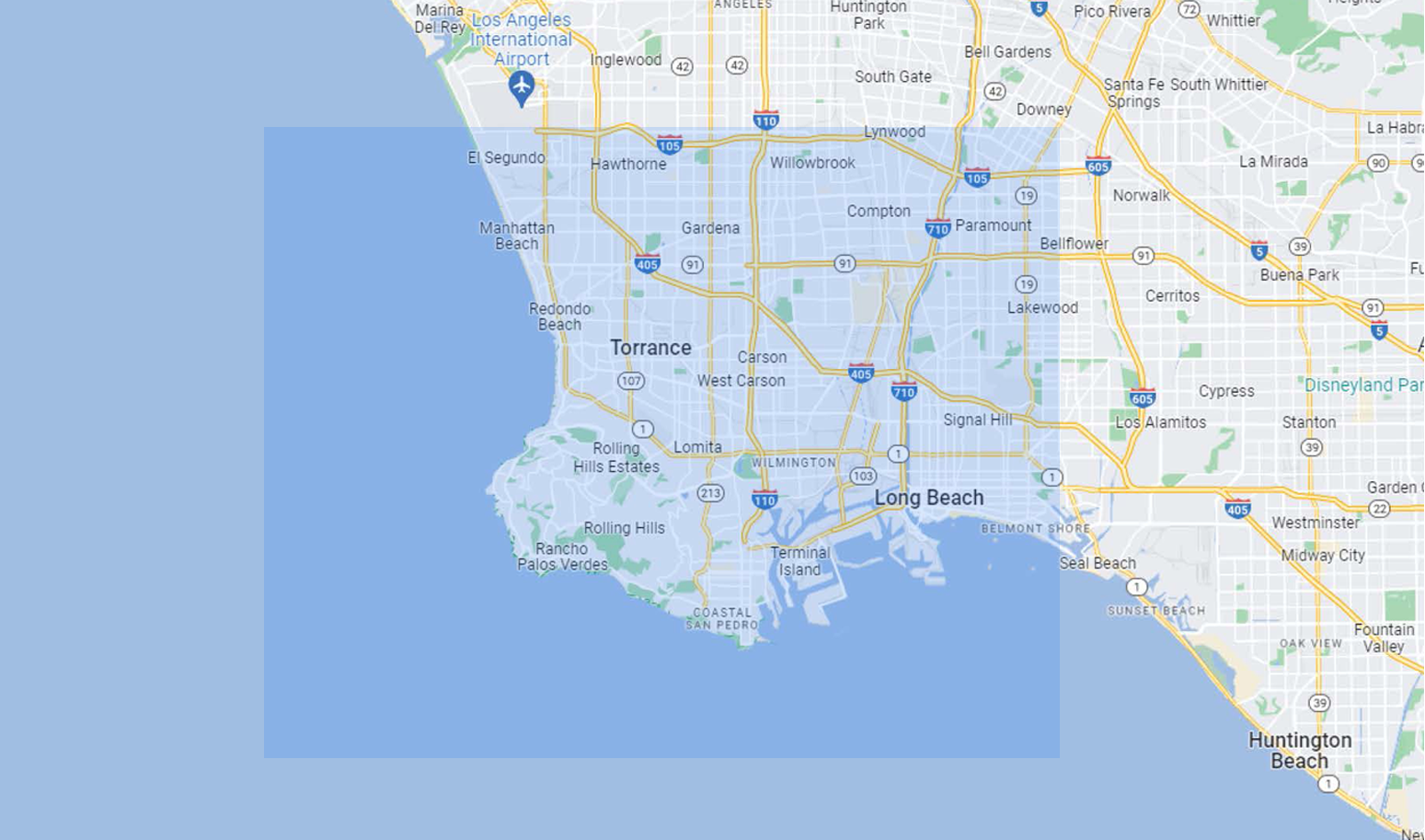 map of Including Long Beach, Rancho Palos Verdes, Redondo Beach, Hermosa Beach, and Manhattan Beach