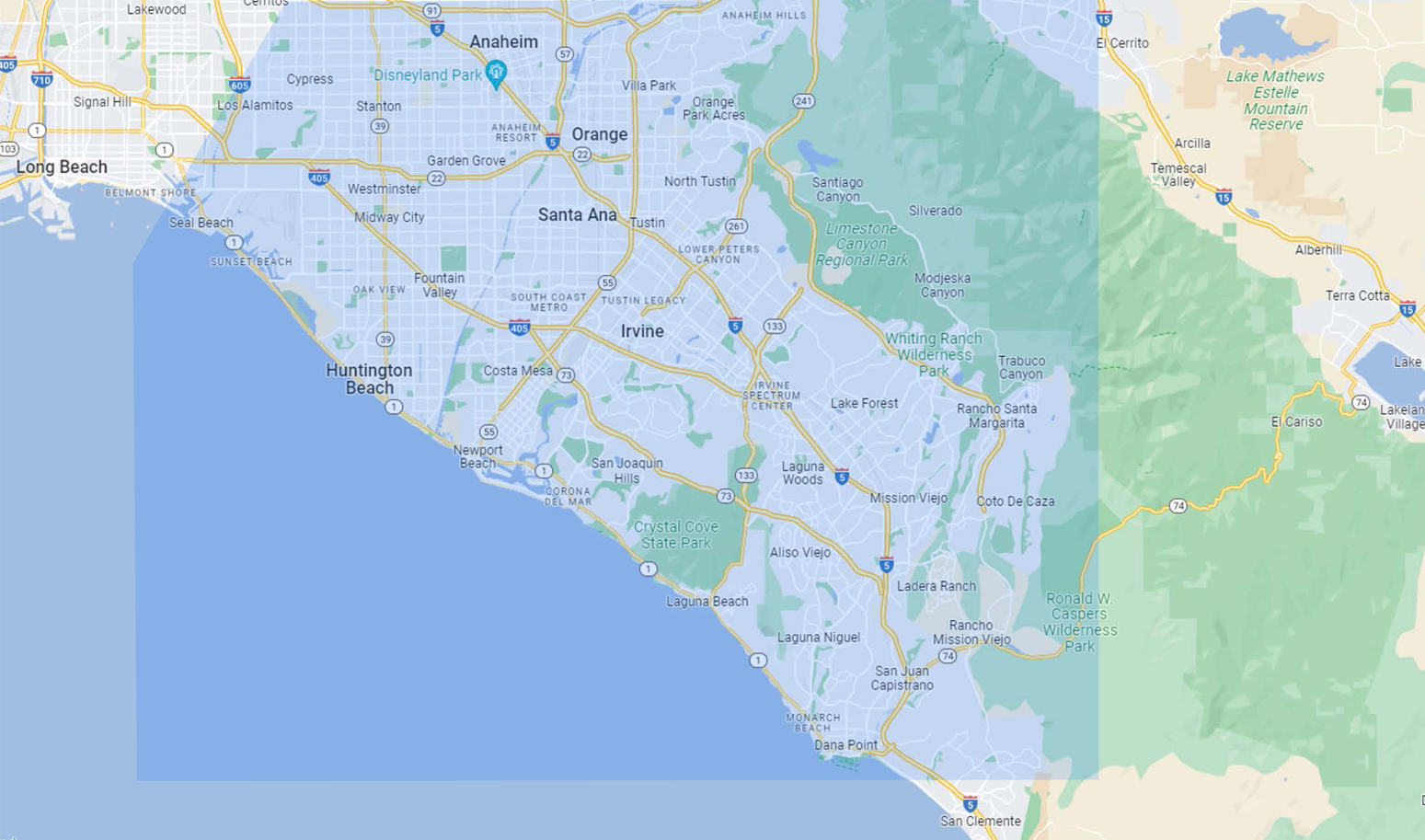 map of Seal Beach, Huntington Beach, Costa Mesa, Newport Beach, and Irvine