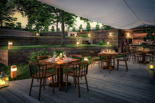 A lighted and landscaped exterior dining area