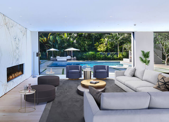 Modern living area with huge opening to the pool area