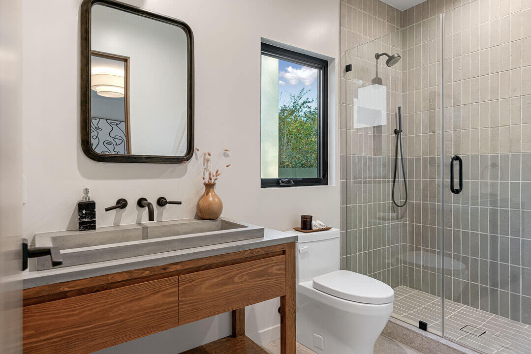 Remodeled guest bathroom with vanity