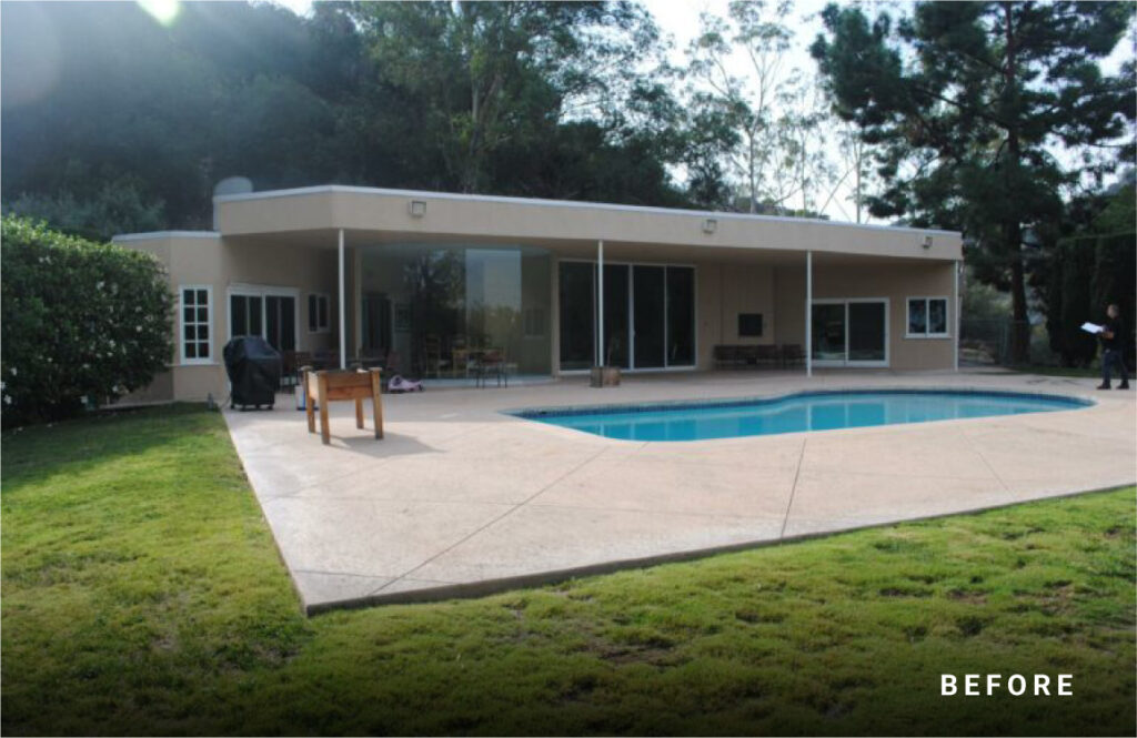 Updated contemporary California mid-century modern home exterior with pool