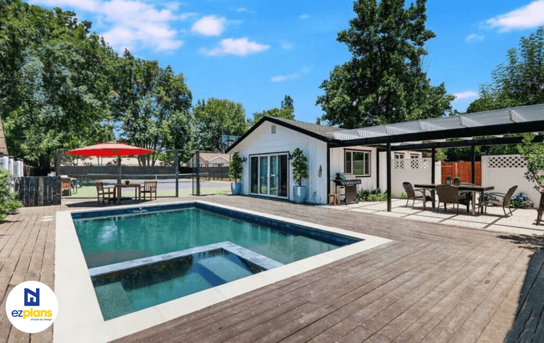 Garage conversion to an ADU with a covered patio leading to the main home.